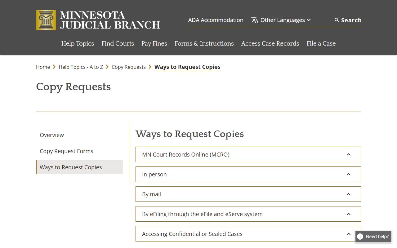 Chisago County court records Judicial Branch copy request channels