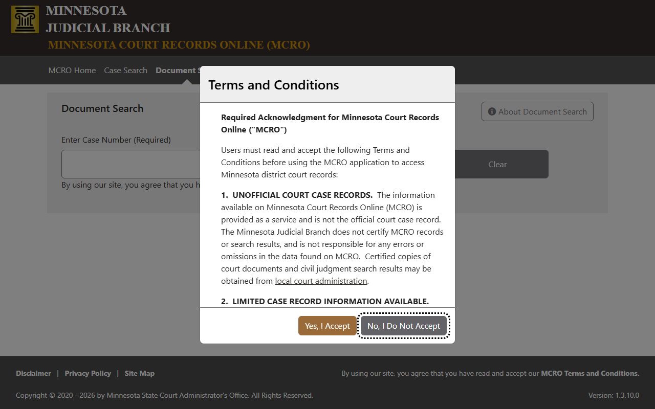 Chisago County court records MCRO document search interface