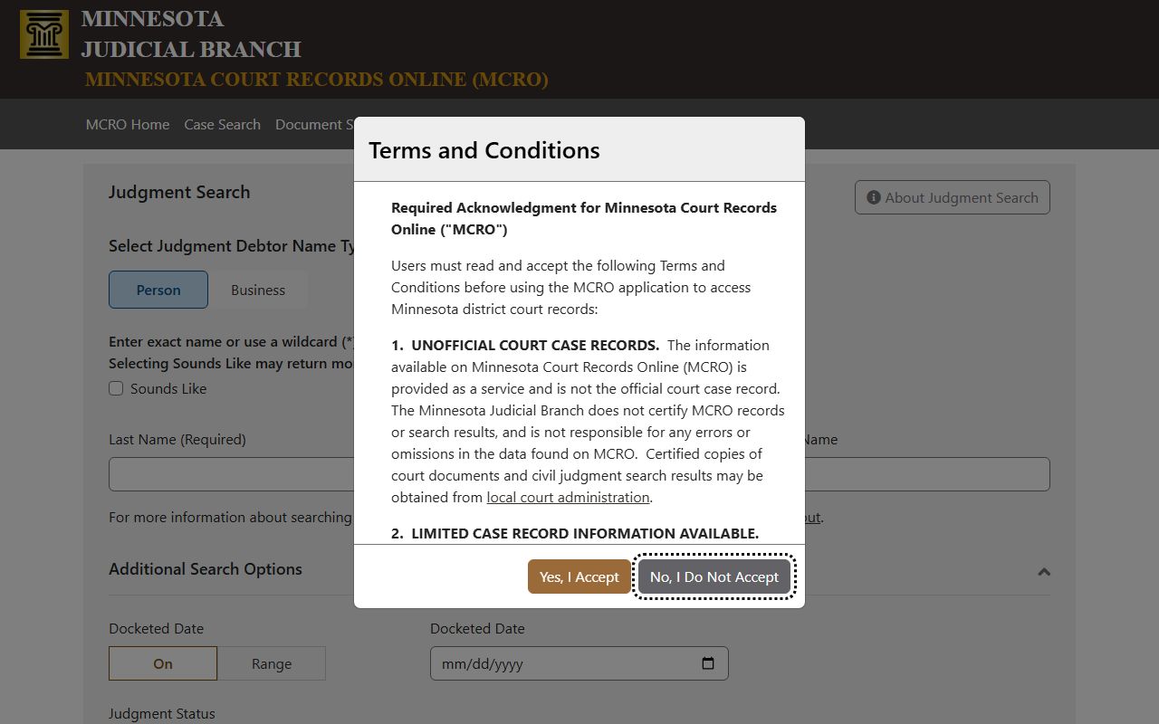 Chisago County court records MCRO judgment search interface
