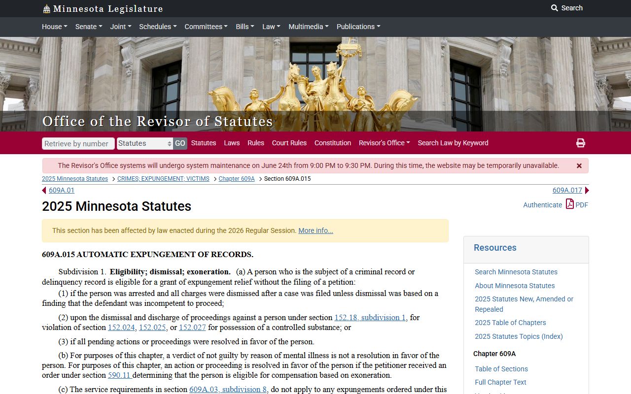 Chisago County criminal court records automatic expungement eligibility