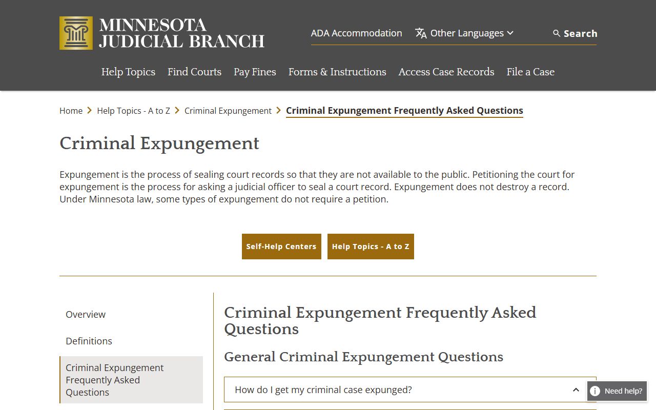 Chisago County criminal court records Judicial Branch expungement FAQ