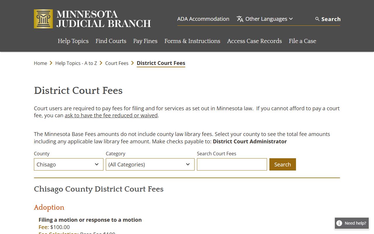 Chisago County court records fee schedule