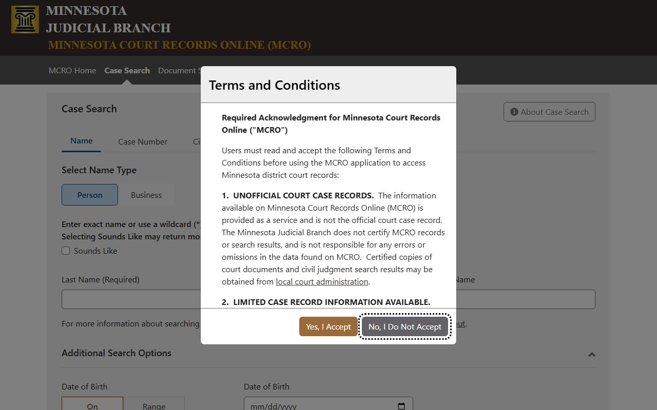 Chisago County court records case search fields