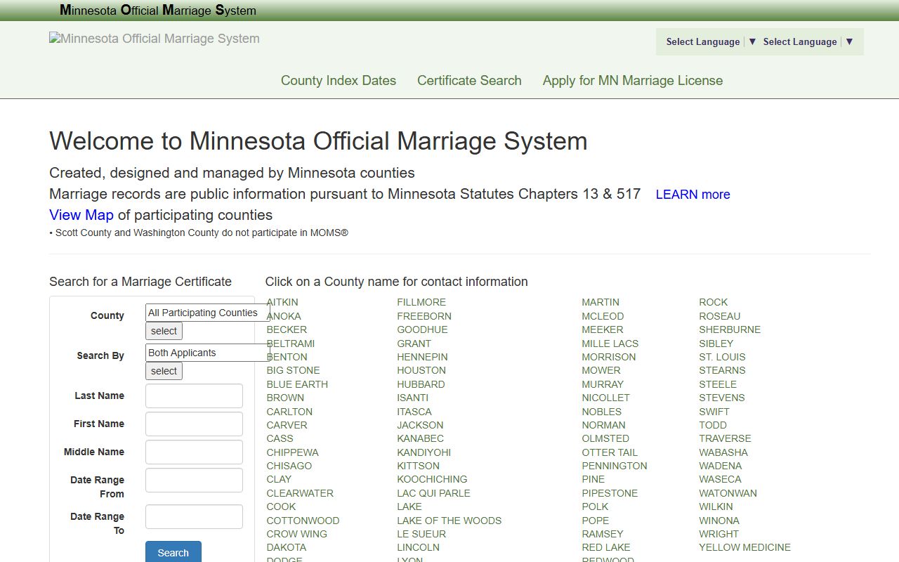 Chisago County marriage records search through Minnesota Official Marriage System