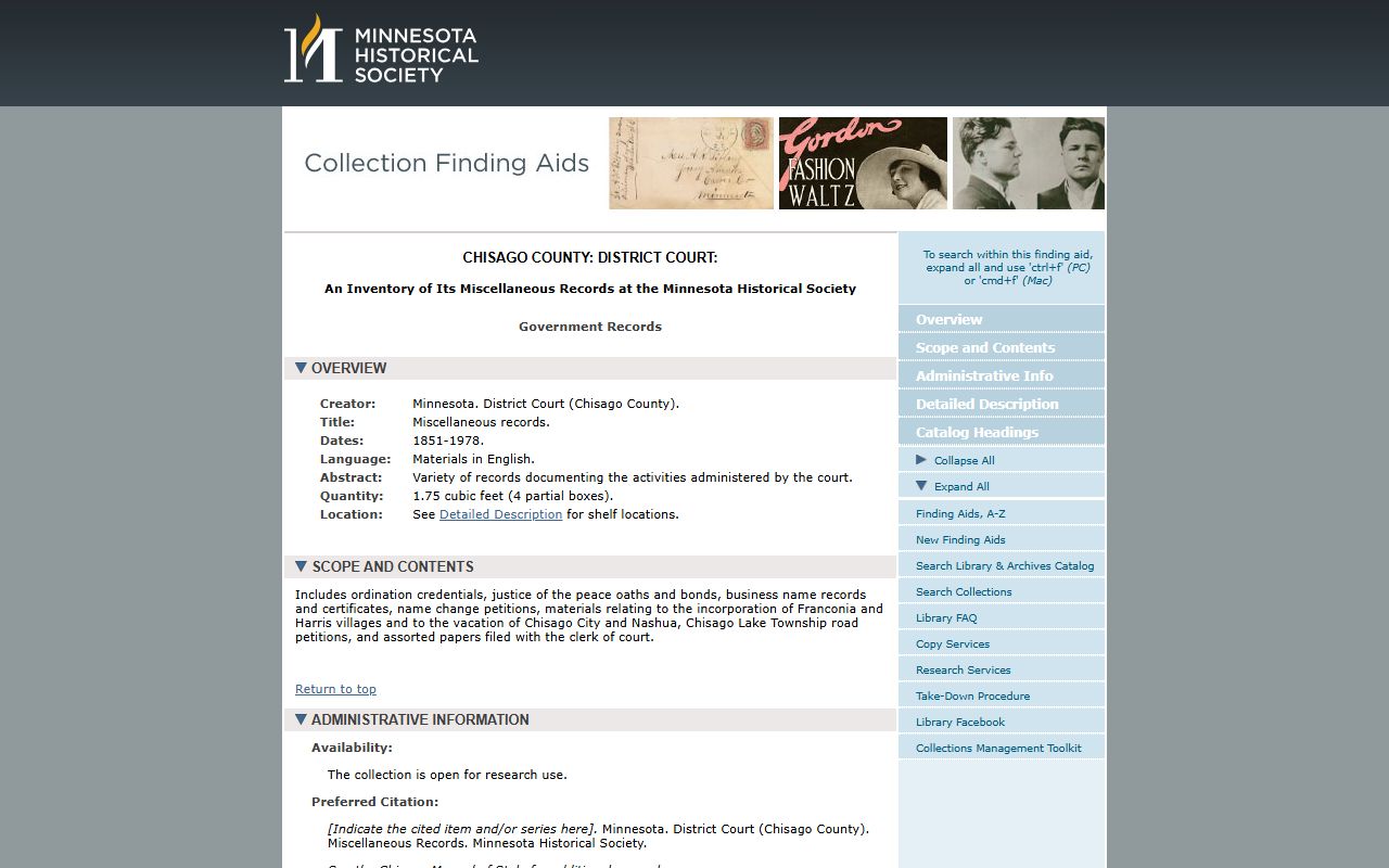 Chisago County probate records historical District Court finding aid