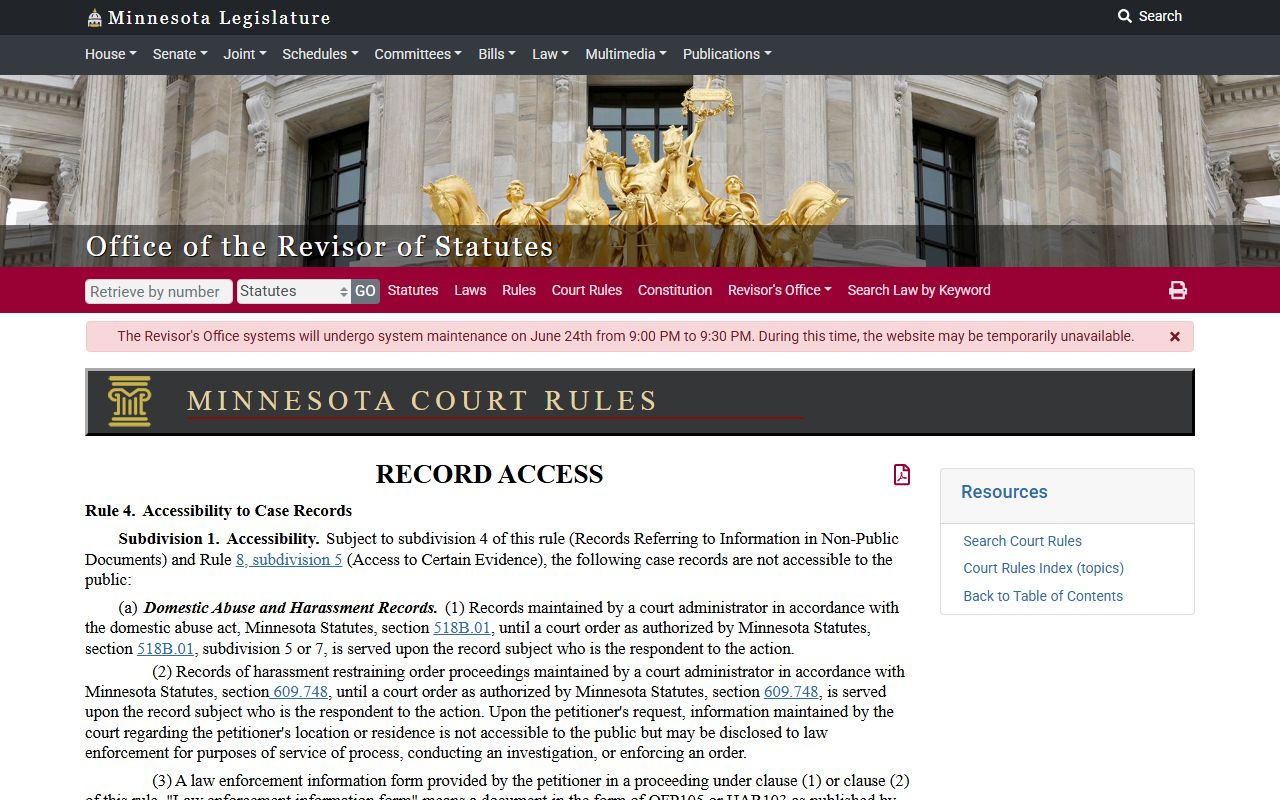 Chisago County probate records Minnesota Rule 4 access limits