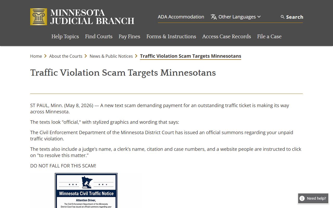 Chisago County traffic court records and Minnesota traffic violation scam warning