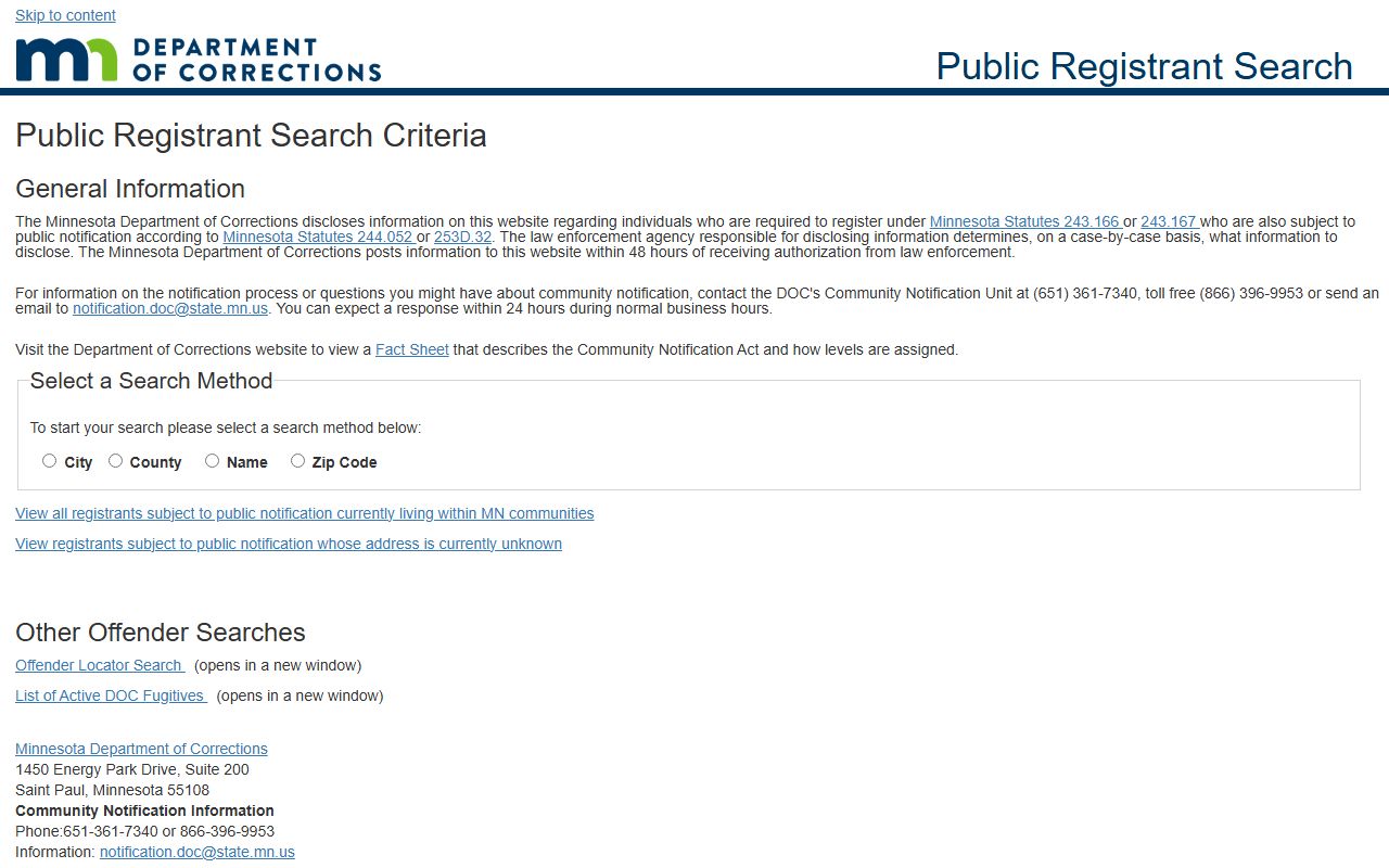 Chisago County warrant records and Minnesota DOC public registrant search
