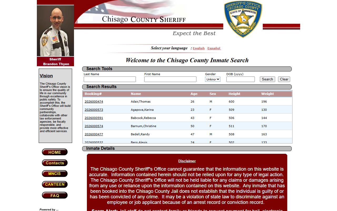 Chisago County warrant records and sheriff inmate locator search fields